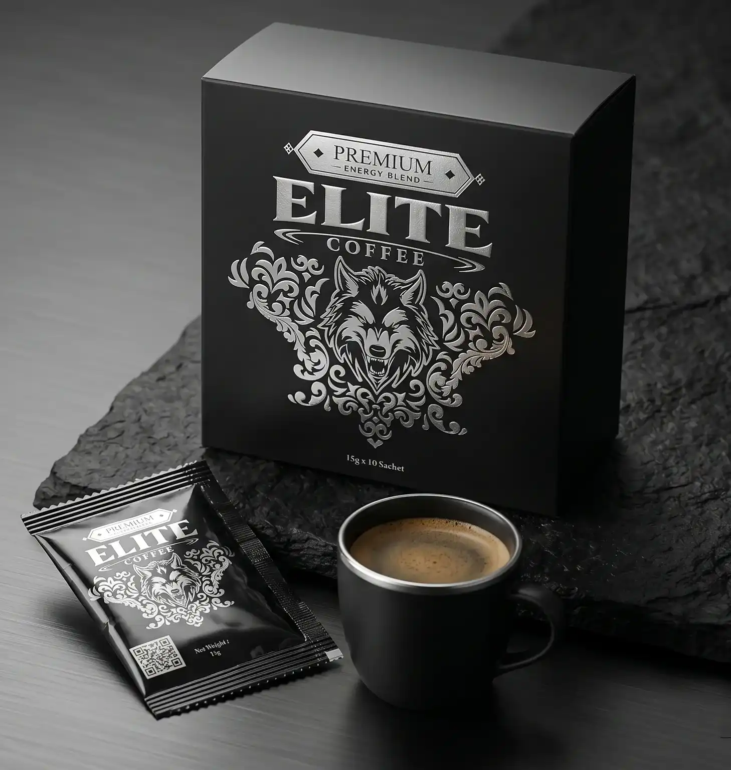 A steaming cup of Elite Coffee with a torn sachet and scattered coffee beans on dark slate.